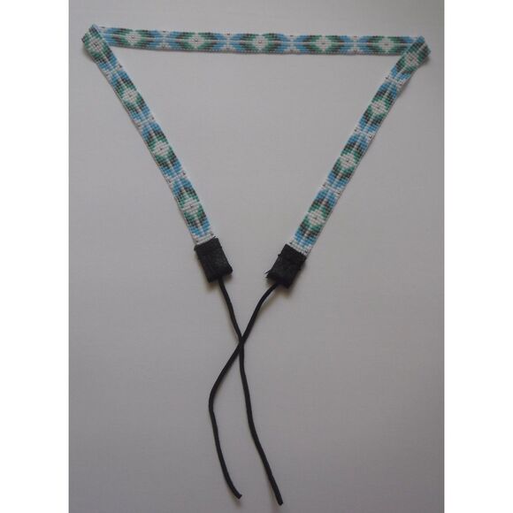 Beaded Hat Band White, Teals, Gray & Silver w/ Leather - Picture 2 of 5